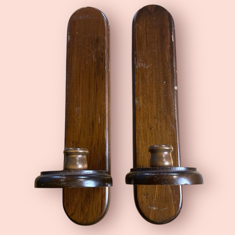 VTG MCM Solid Wood Candle Holders Wall Sconce Set Of 2 Rustic Cottagecore Moody